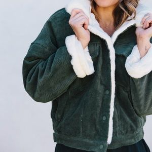 Sadie & Sage Green Corduroy Fleece Lined Bomber Jacket